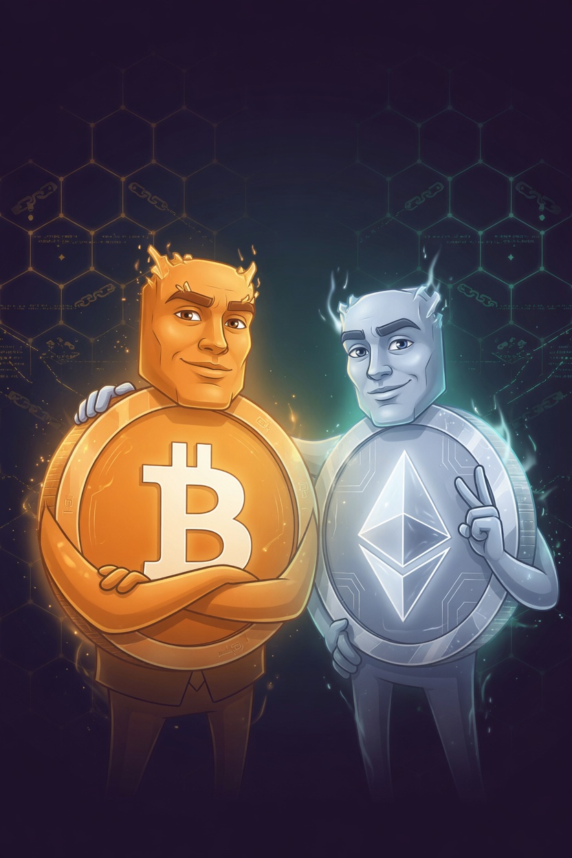 Bitcoin and Ethereum portrayed as brotherly crypto icons — click for white papers